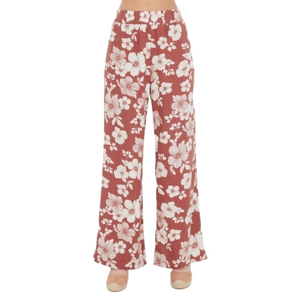 Dex Womens Floral Wide Leg Pants Rust Terracotta High Rise Elastic Waist Size M